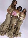 Short Sleeves Mermaid Sequins Gold Bridesmaid Dresses with Ruffles Split PB54