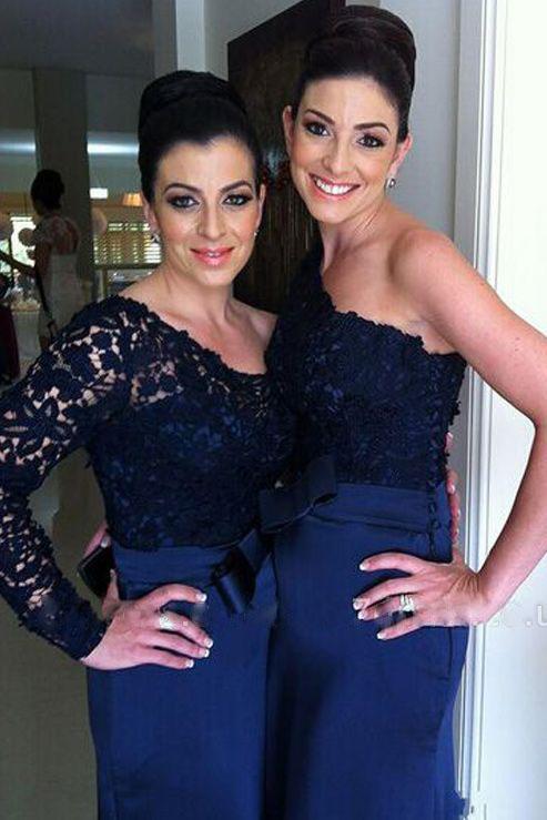 Sheath One-shoulder Long Sleeve Dark Blue Bridesmaid Dresses with Lace PB53