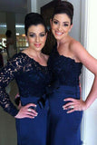 Sheath One-shoulder Long Sleeve Dark Blue Bridesmaid Dresses with Lace PB53