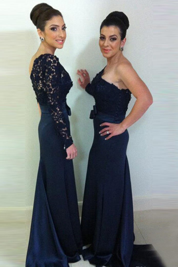 Sheath One-shoulder Long Sleeve Dark Blue Bridesmaid Dresses with Lace PB53