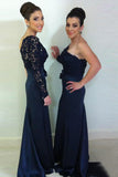 Sheath One-shoulder Long Sleeve Dark Blue Bridesmaid Dresses with Lace PB53