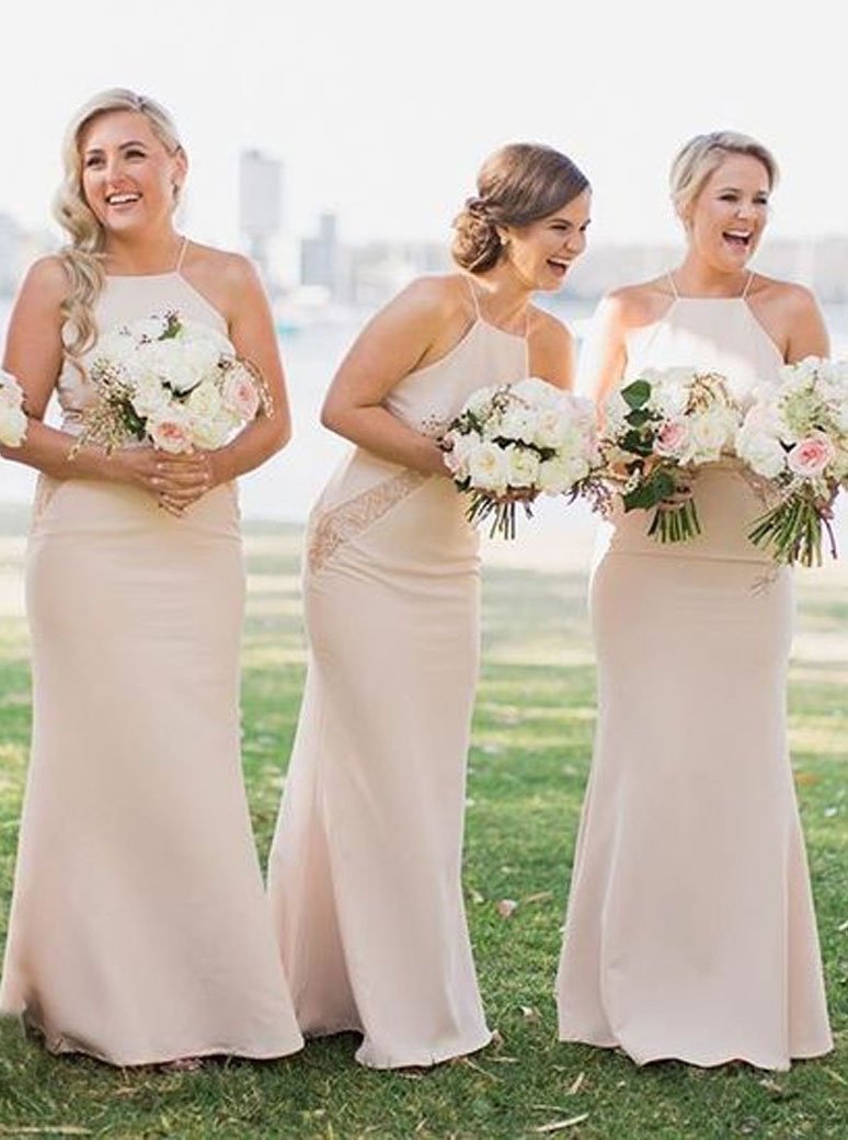 Simple Square Sheath Pearl Pink Bridesmaid Dresses with Lace PB52