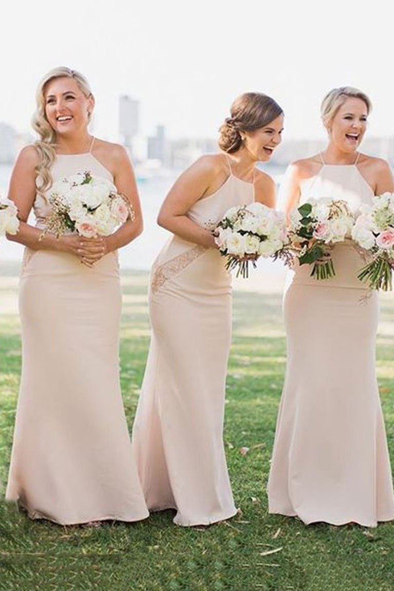 Simple Square Sheath Pearl Pink Bridesmaid Dresses with Lace PB52