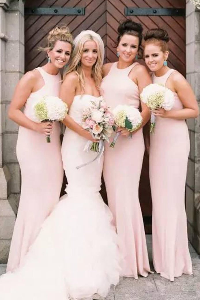 Simple Jewel Floor Length Pearl Pink Mermaid Bridesmaid Dresses PB51