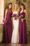 Spaghetti Straps V-neck Fuchsia Long Bridesmaid Dresses With Ruched PB68