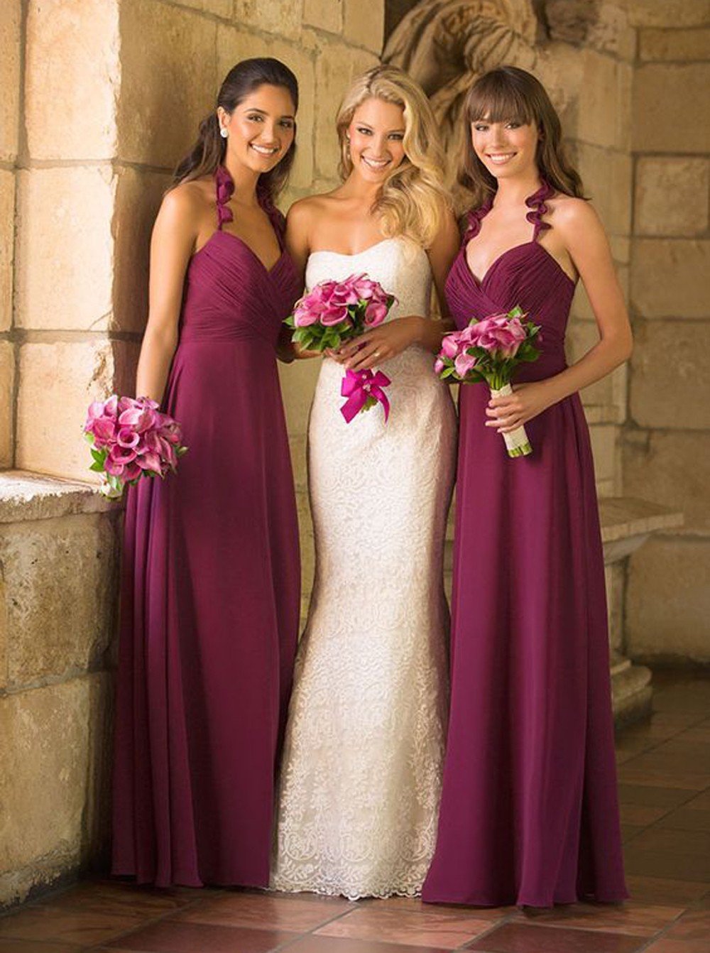 Spaghetti Straps V-neck Fuchsia Long Bridesmaid Dresses With Ruched PB68