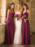 Spaghetti Straps V-neck Fuchsia Long Bridesmaid Dresses With Ruched PB68