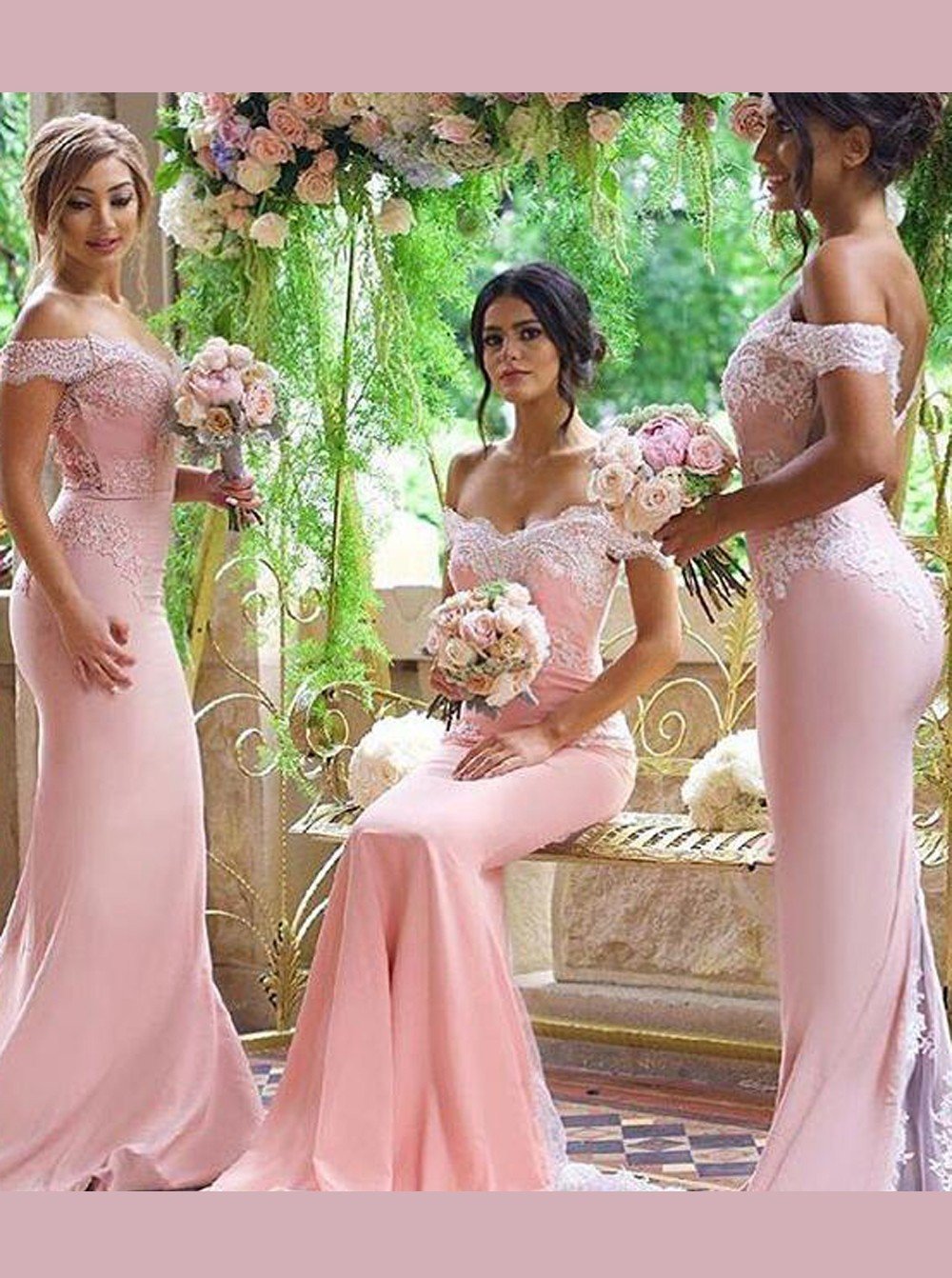 Elegant Off shoulder Mermaid Pink Bridesmaid Dresses with Lace PB67