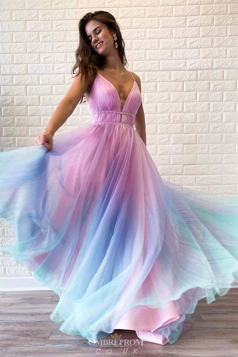 a line ombre long prom dress v neck beaded graduation gown