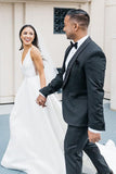 a line v neck ivory satin simple elegant wedding dresses