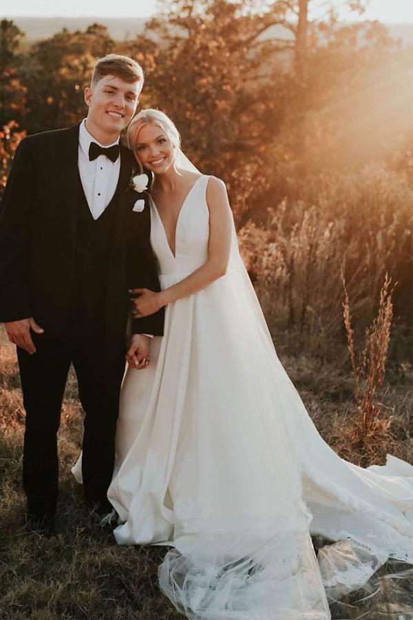 a line v neck ivory satin simple elegant wedding dresses