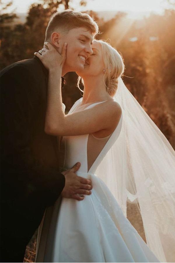 a line v neck ivory satin simple elegant wedding dresses