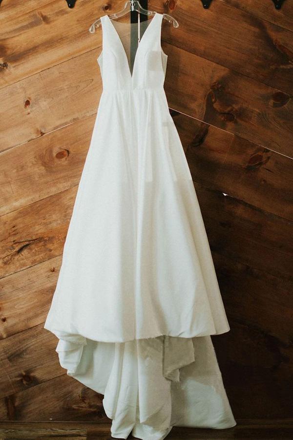 a line v neck ivory satin simple elegant wedding dresses