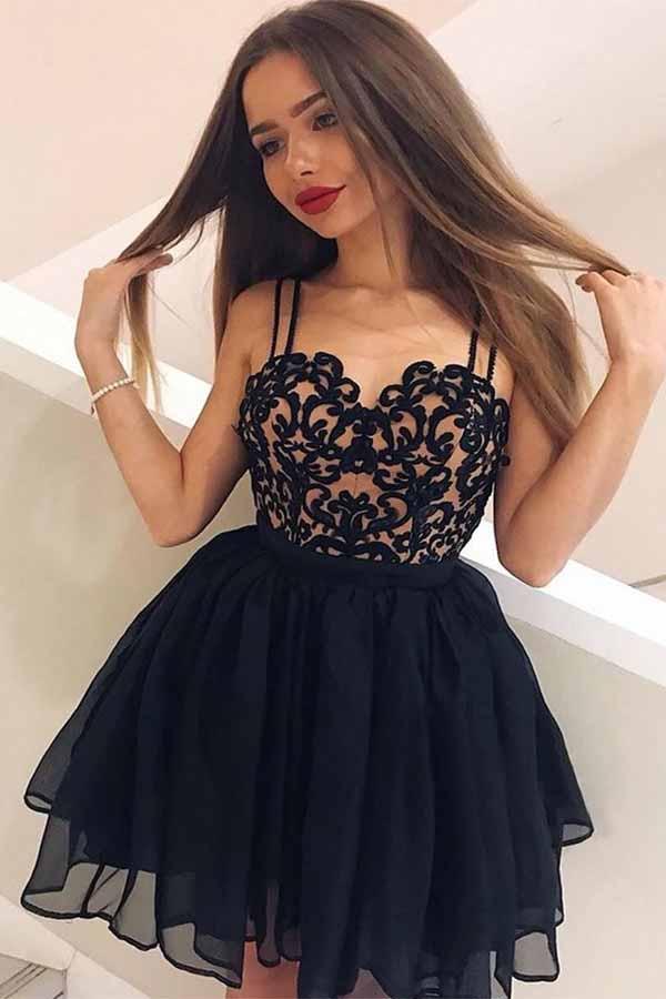 spaghetti straps black homecoming dresses with appliques