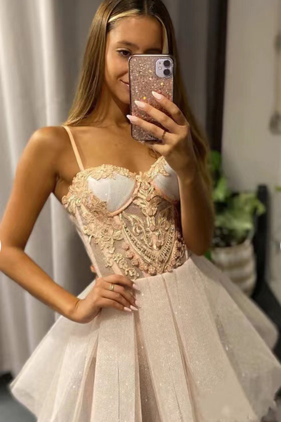 glitter spaghetti strap sleeveless tulle homecoming dresses cute graduation dresses