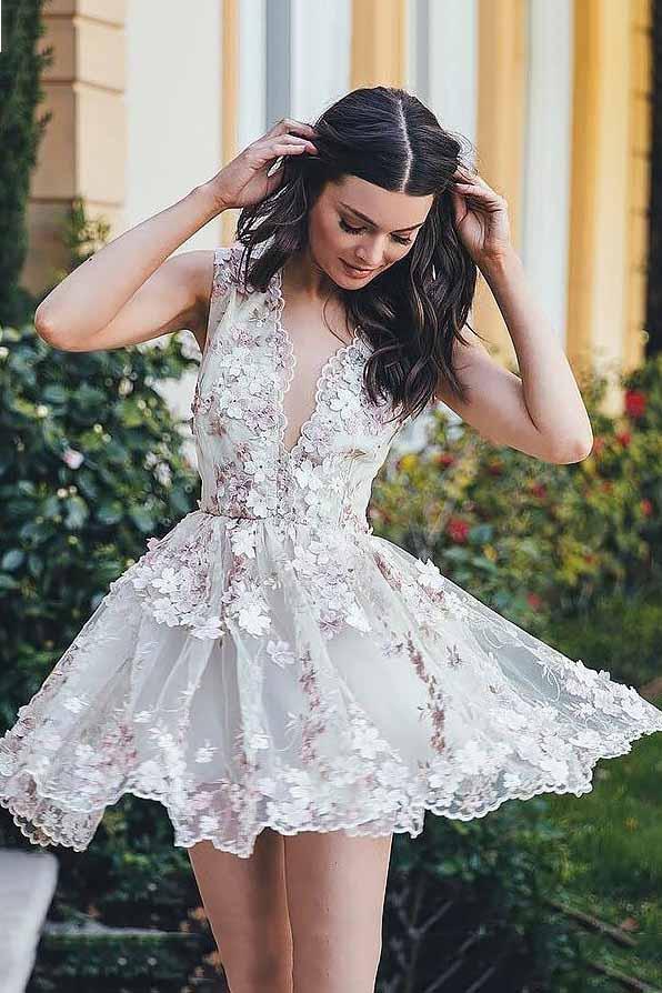 a line deep v neck tulle short homecoming dresses with appliques
