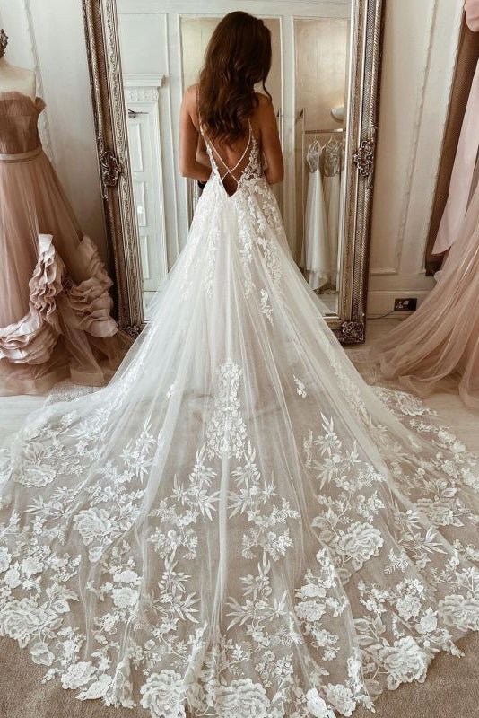 a line spaghetti straps backless sleeveless wedding dresses with appliques