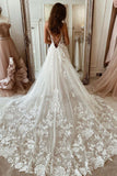 a line spaghetti straps backless sleeveless wedding dresses with appliques