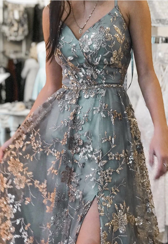 stylish tulle sequins long prom dresses backless slit long graudtion gown
