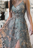 stylish tulle sequins long prom dresses backless slit long graudtion gown
