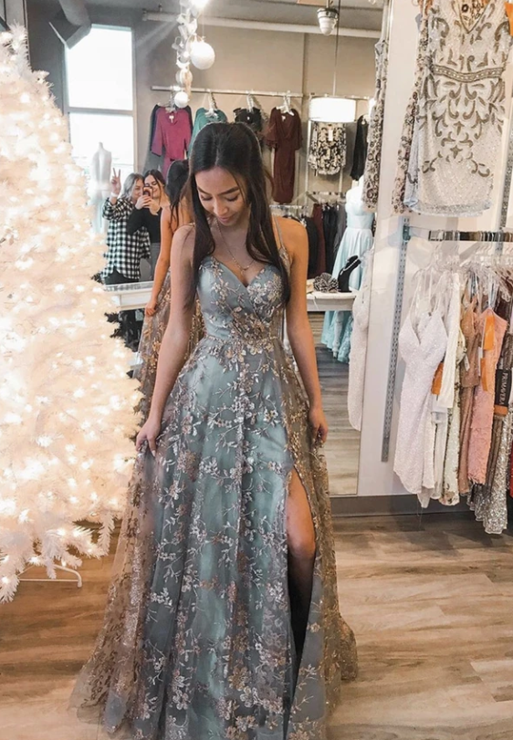stylish tulle sequins long prom dresses backless slit long graudtion gown