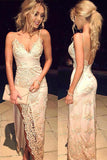 spaghetti straps backless evening gown lace prom dress with front split