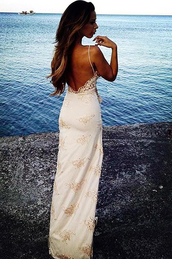 spaghetti straps backless evening gown lace prom dress with front split
