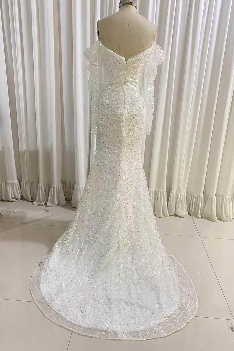 ivory long sleeves mermaid sequined prom dress sparkly long wedding dresses