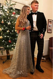 Silver Sequin Long Prom Dress, Shiny A-line Sleeveless Evening Gowns GP291