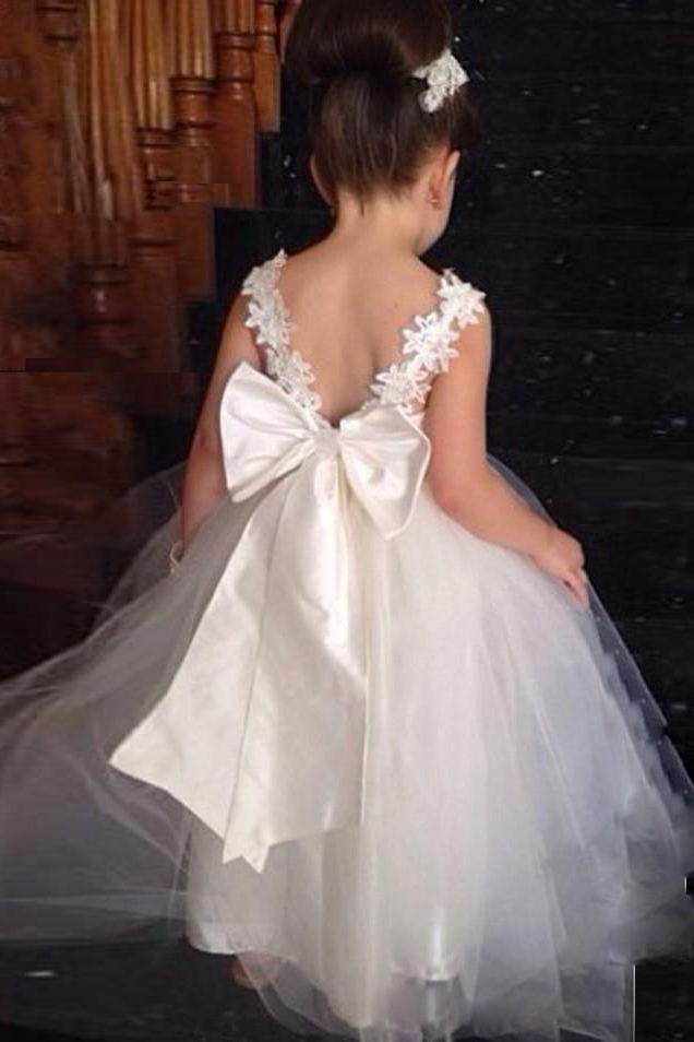 princess ball gown backless tulle flower girl dress with bowknot pf103