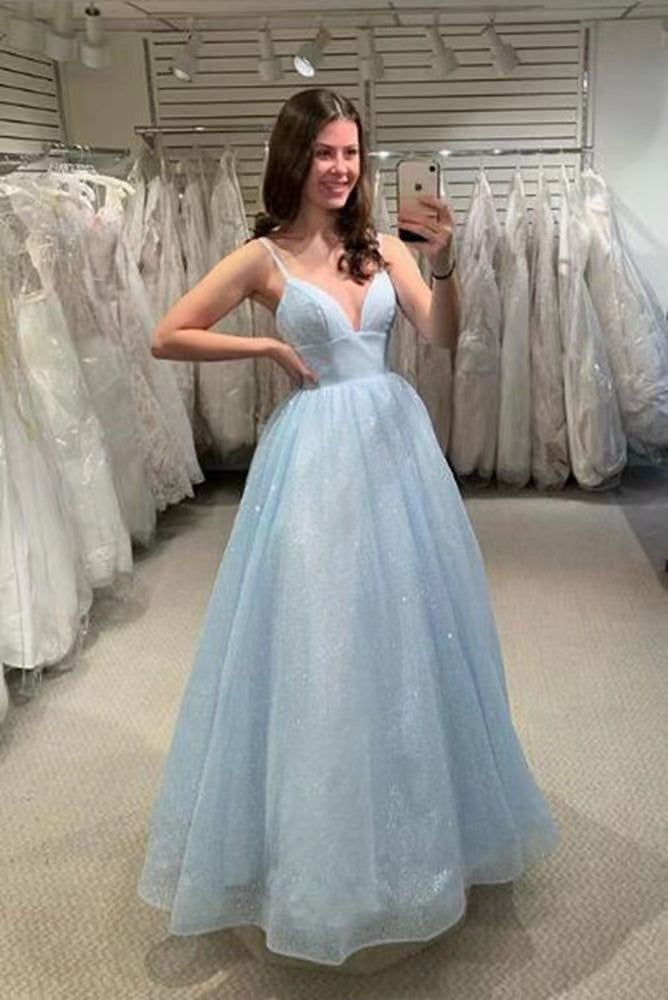 sparkly a line spaghetti straps light blue long prom dresses
