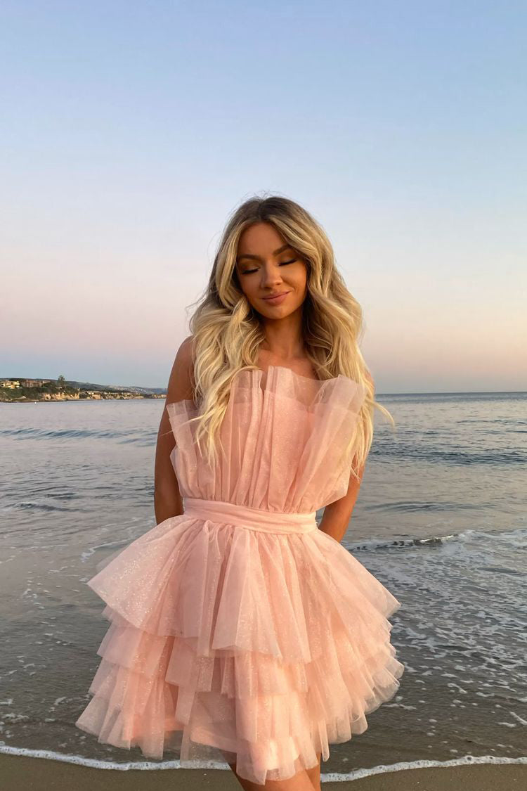 pretty pink strapless homecoming dress with layers a line party dress