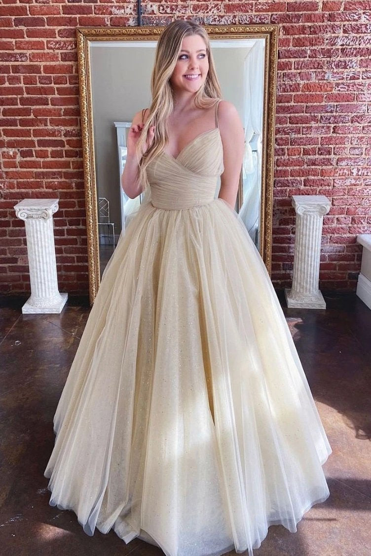 Simple spaghetti-straps long prom dress, tulle formal dress mg165