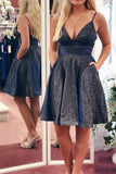 spaghetti straps v neck glitter homecoming dresses with pockets