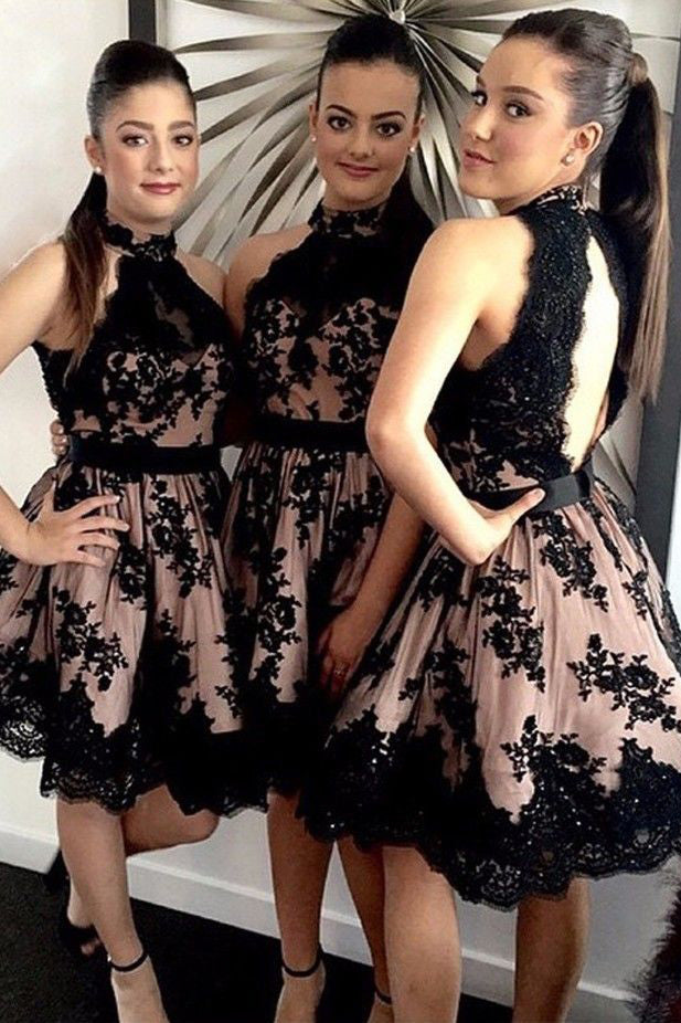 halter a line black lace appliques open back short mini bridesmaid dresses