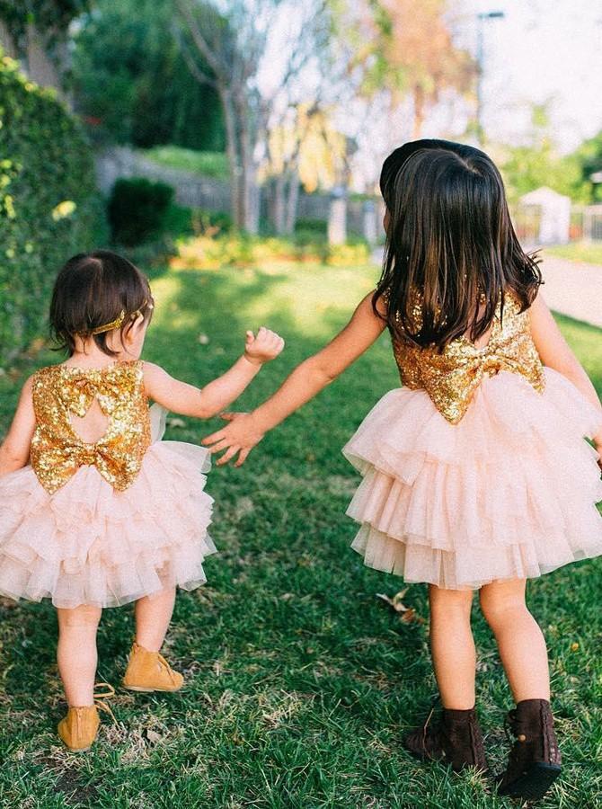 sequins gold tulle flower girl ball gown dress with bowknot pf108
