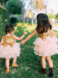 sequins gold tulle flower girl ball gown dress with bowknot pf108