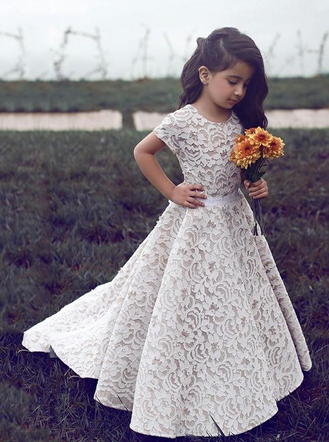 round neck short sleeves lace flower girl dress with sash pf109