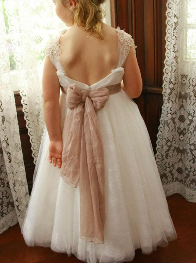straps square tulle open back flower girl dress with bowknot pf114
