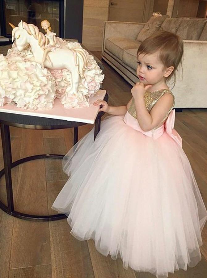 sequins gold tulle flower girl dress ball gown birthday dress with bowknot pf115