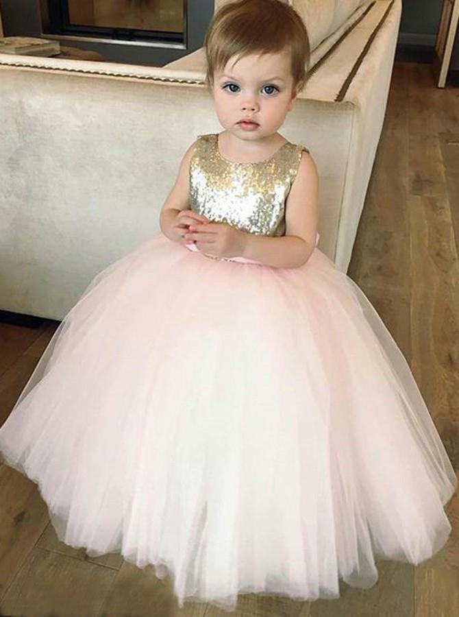 sequins gold tulle flower girl dress ball gown birthday dress with bowknot pf115