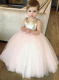 sequins gold tulle flower girl dress ball gown birthday dress with bowknot pf115