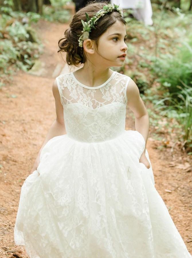 lace a line jewel tea length backless flower girl dress pf116
