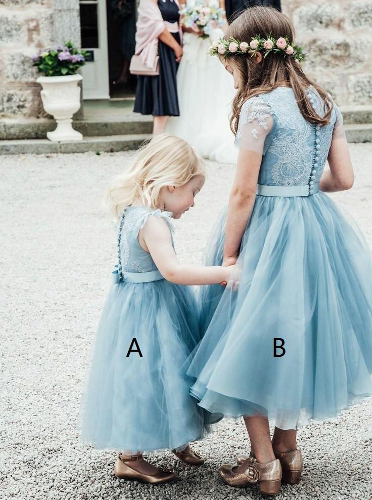 light sky blue a line lace tea length tulle flower girl dress pf118