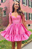cute a line tie straps green ruffles satin short homecoming dresses