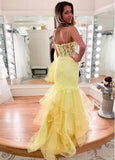 Spaghetti straps daffodil lace mermaid prom evening dress with ruffles mg158