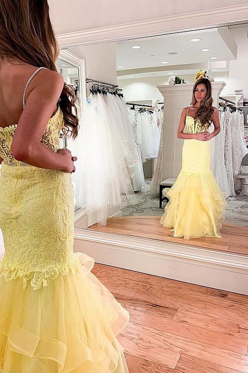 Spaghetti straps daffodil lace mermaid prom evening dress with ruffles mg158