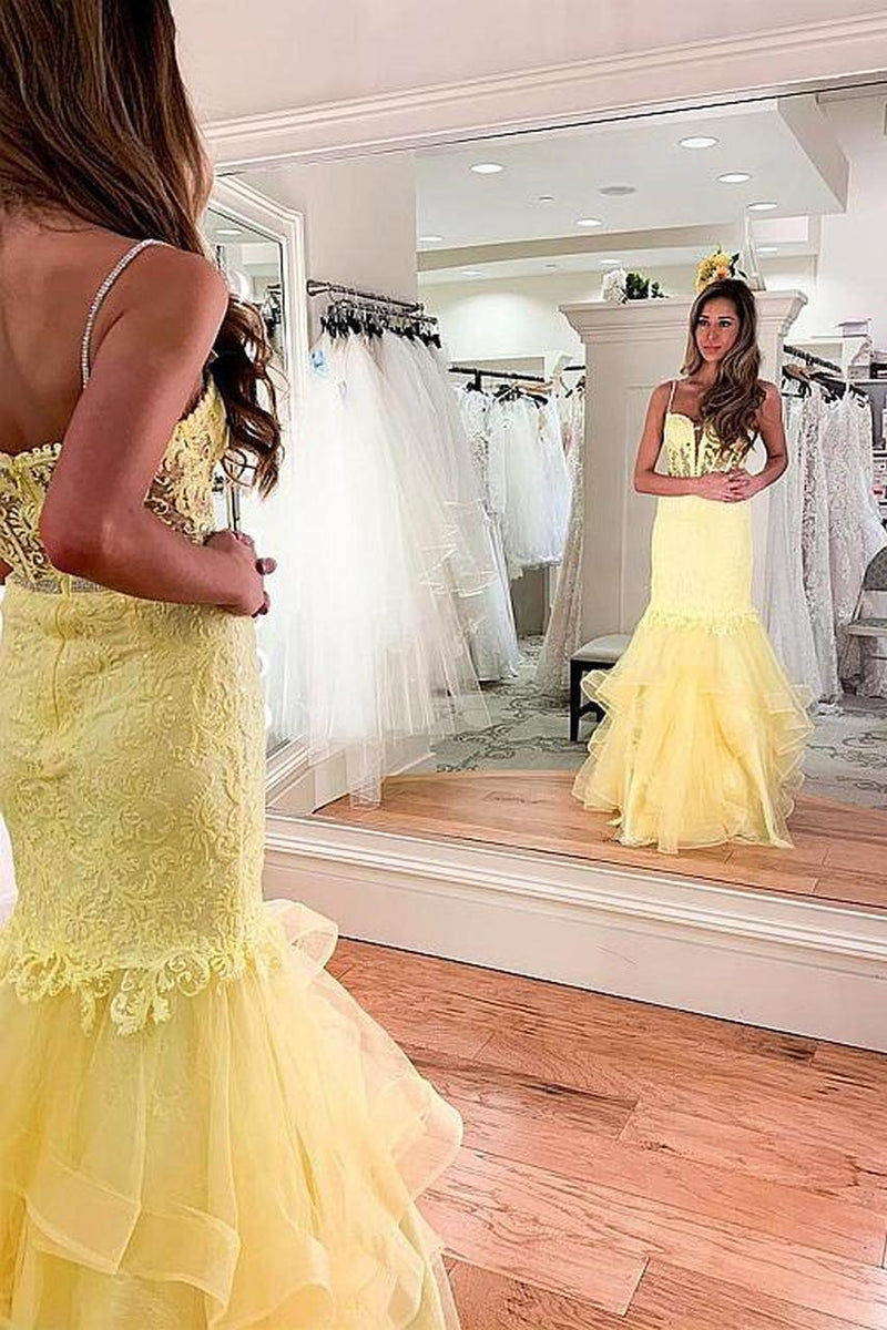 Spaghetti straps daffodil lace mermaid prom evening dress with ruffles mg158