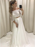 3 4 sleeves two piece off the shoulder lace satin wedding dress