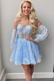 detachable sleeve sky blue lace corset a line short homecoming dresses
